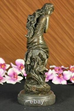 Handmade Signed Moreau, Female Nude Angel Bronze Statue Marble Figurine