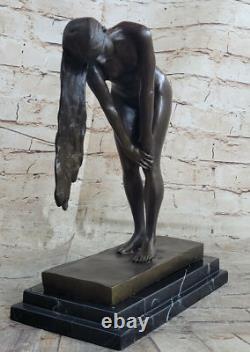 High Quality Art Deco Bronze Sculpture Statue Signed Nude Girl Marble Base Nr