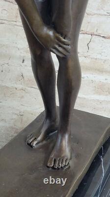High Quality Art Deco Bronze Sculpture Statue Signed Nude Girl Marble Base Nr