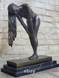 High Quality Art Deco Nude Girl Bronze Sculpture Statue Signed Marble Base Nr