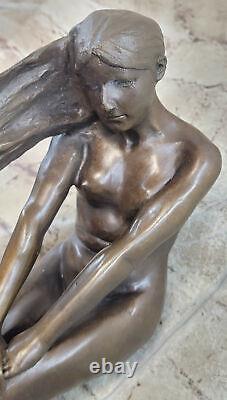 High Quality Art Deco Nude Girl Bronze Sculpture Statue Signed Marble Base Nr