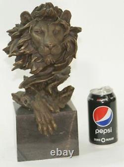 Hot Font Sculpture Signed Bronze Royal Lion Head Bust Marble Base Statue