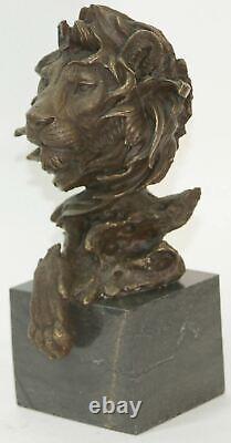 Hot Font Sculpture Signed Bronze Royal Lion Head Bust Marble Base Statue