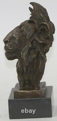 Hot Fonte Sculpture Signed Bronze Royal Lion Head Statue Bust Marble Base