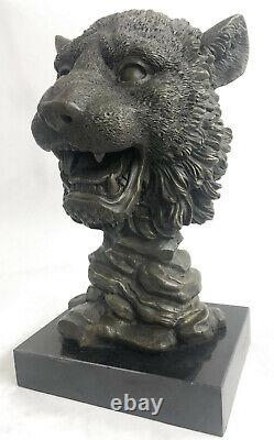Hot Fonte Signed Milo Bronze Royal Lion Head Statue Sculpture Bust Marble Base