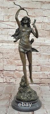 Huge 48 cm Art Deco Bronze Diana the Huntress with Bow, Signed, Marble Base, Opens