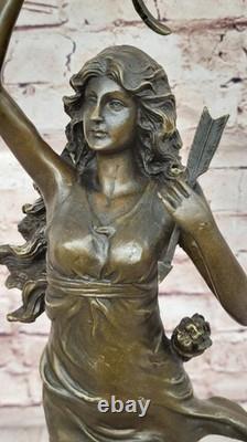 Huge 48 cm Art Deco Bronze Diana the Huntress with Bow, Signed, Marble Base, Opens