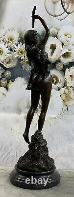 Huge 48cm Art Deco Bronze Diana The Huntress With Node Signed Marble Base
