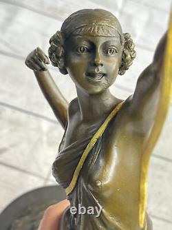 Huge 51cm Art Deco Bronze Diana The Huntress With Knot Signed Marble Nude
