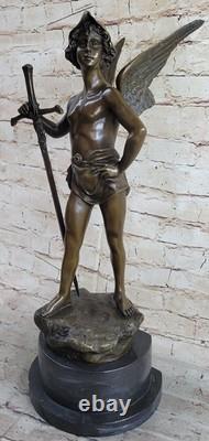 Huge Bronze Angel Man Figure Sculpture Signed By Debut Marble Statue Base