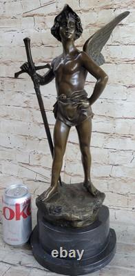 Huge Bronze Angel Man Figure Sculpture Signed By Debut Marble Statue Base