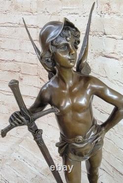 Huge Bronze Angel Man Figure Sculpture Signed By Debut Marble Statue Base
