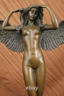 Huge Chair Lady Angel Bronze Sculpture Signed By Weinman Marble Base Figurine