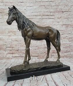 Huge Signed Pure Bronze Horse Statue on Marble Figurine 40LBS Deco