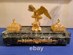 Imperial Eagle Inkwell with Golden Bronze Holders, Signed Pinèdo Green Marble