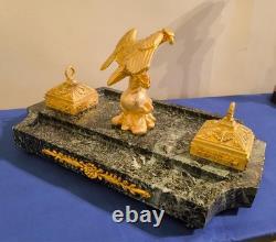 Imperial Eagle Inkwell with Golden Bronze Holders, Signed Pinèdo Green Marble