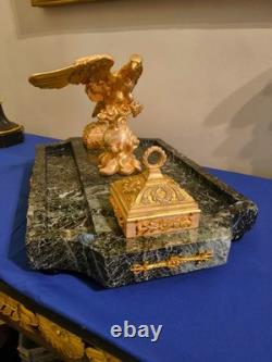 Imperial Eagle Inkwell with Golden Bronze Holders, Signed Pinèdo Green Marble
