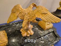 Imperial Eagle Inkwell with Golden Bronze Holders, Signed Pinèdo Green Marble