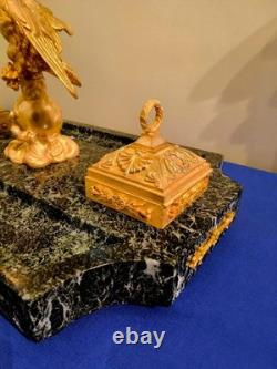 Imperial Eagle Inkwell with Golden Bronze Holders, Signed Pinèdo Green Marble