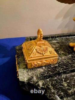 Imperial Eagle Inkwell with Golden Bronze Holders, Signed Pinèdo Green Marble