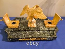Imperial Eagle Inkwell with Golden Bronze Holders, Signed Pinèdo Green Marble