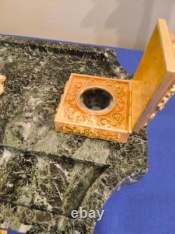 Imperial Eagle Inkwell with Golden Bronze Holders, Signed Pinèdo Green Marble
