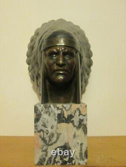 Imposant Sculpture Art Deco 1930 Bust Indian Chef Hair Bronze Marble Sign