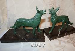 Impressive Pair of Bronze Dog Bookends Signed DELABRE on Marble Base