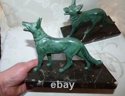 Impressive Pair of Bronze Dog Bookends Signed DELABRE on Marble Base