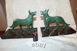 Impressive Pair of Bronze Dog Bookends Signed DELABRE on Marble Base