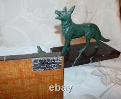 Impressive Pair of Bronze Dog Bookends Signed DELABRE on Marble Base