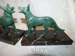 Impressive Pair of Bronze Dog Bookends Signed DELABRE on Marble Base