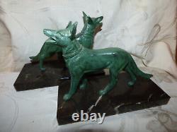 Impressive Pair of Bronze Dog Bookends Signed DELABRE on Marble Base