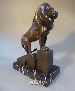 In Art Deco Style Bronze Figure Animal Lion Marble Signed Milo 32 CM High