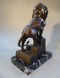 In Art Deco Style Bronze Figure Animal Lion Marble Signed Milo 32 CM High