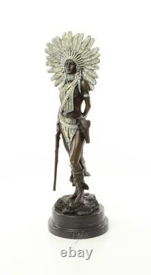 Indian Woman Sculpture with Rifle on a Black Marble Base Signed