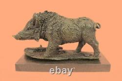 Japanese Vintage Bronze Wild Boar Statue With / Signed Marble Base