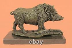 Japanese Vintage Bronze Wild Boar Statue With / Signed Marble Base