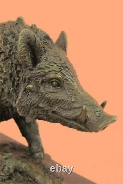 Japanese Vintage Bronze Wild Boar Statue With / Signed Marble Base Fonte