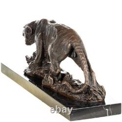 Large Bronze Tiger Sculpture on a Black Marble Base, Signed