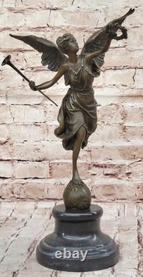Large Charming Angel Standing on a Rock, Bronze and Marble Decorative Sculpture, Signed Moreau