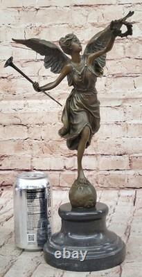 Large Charming Angel Standing on a Rock, Bronze and Marble Decorative Sculpture, Signed Moreau