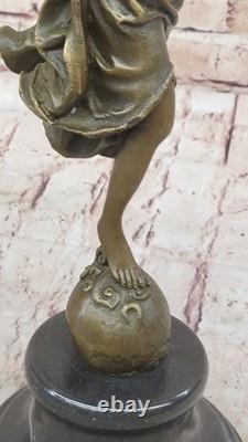 Large Charming Angel Standing on a Rock, Bronze and Marble Decorative Sculpture, Signed Moreau