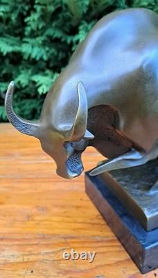 Large Modernist Bronze Fighting Bull Marble Base Signed Milo Bullfighting