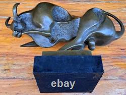 Large Modernist Bronze Fighting Bull Marble Base Signed Milo Bullfighting