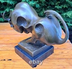 Large Modernist Bronze Fighting Bull Marble Base Signed Milo Bullfighting
