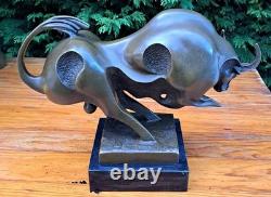 Large Modernist Bronze Fighting Bull Marble Base Signed Milo Bullfighting