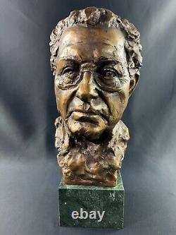 Large numbered and dated patinated bronze bust on green marble base signed Milan Lukac