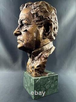 Large numbered, dated bronze patinated bust on green marble base signed by Milan Lukac