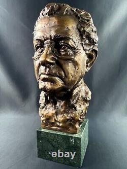 Large numbered, dated bronze patinated bust on green marble base signed by Milan Lukac